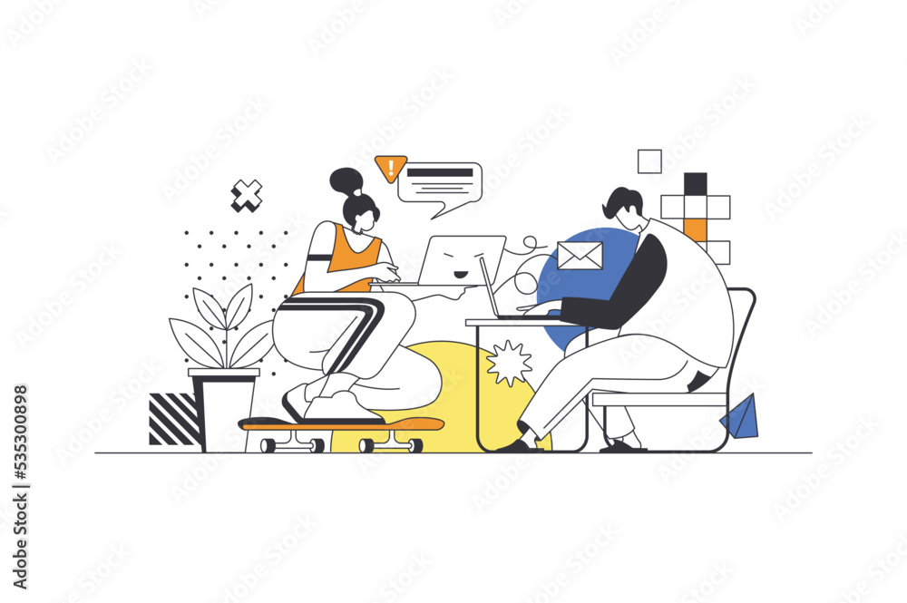 Freelance work web concept in flat outline design with characters. Man and woman working on laptops online. Freelancers doing tasks remotely while sitting at home, people scene. Vector illustration.