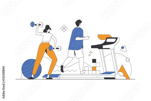 Fitness and gym web concept in flat outline design with characters. Woman does exercises with dumbbells, man runs on treadmill. Strength and cardio training, people scene. Vector illustration.