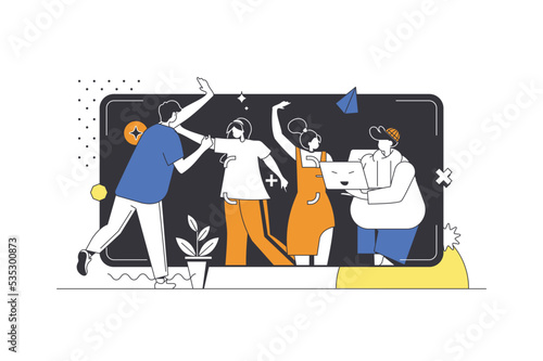 Focus group web concept in flat outline design with characters. Man and woman doing market research, studying buyers, brainstorming and planning company strategy, people scene. Vector illustration.
