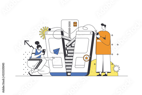 Mobile banking web concept in flat outline design with characters. Man and woman makes money transfer, financial transactions using personal account in mobile app, people scene. Vector illustration.