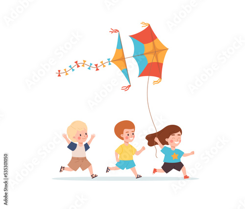 Cute cheerful children playing with kite cartoon vector illustration isolated.