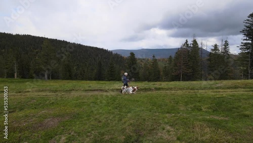 Autumn outdoor adventure with dogs in Beskidy Mountains. Woman on trekking with Australian Shepheard photo