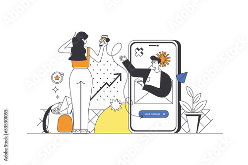 Mobile email service web concept in flat outline design with characters. Man and woman makes online correspondence in app. Customer reading promotional mails, people scene. Vector illustration.