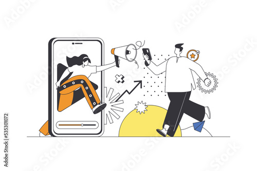 Mobile marketing web concept in flat outline design with characters. Woman with megaphone making advertising campaign in applications and attract new customers, people scene. Vector illustration.