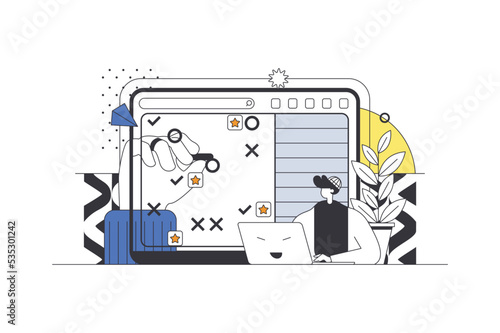 Planning web concept in flat outline design with character. Man organizes workflow and making daily to do lists, marks dates or tasks on calendar, time management people scene. Vector illustration.