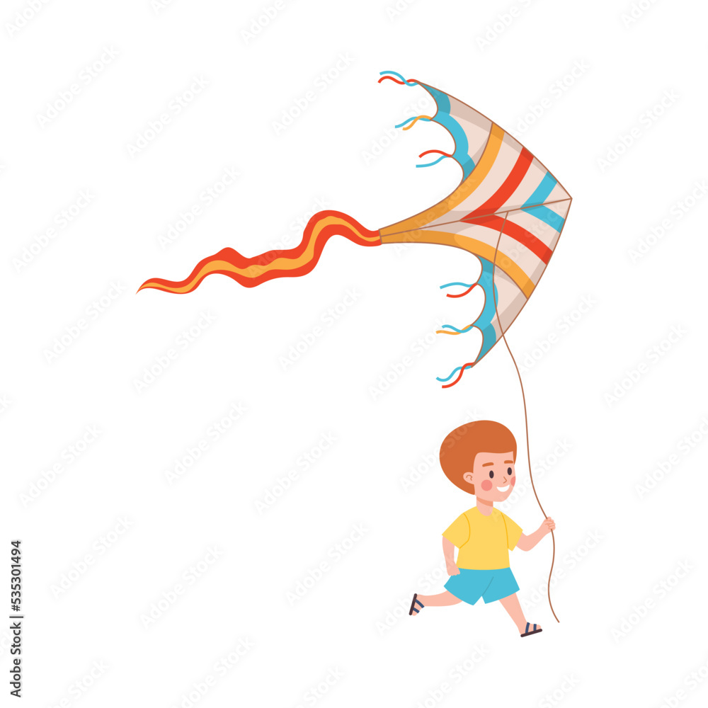 Cute and happy child boy playing with colorful kite, flat vector illustration isolated on white background. Cute and happy child boy playing with colorful kite, flat vector illustration isolated on white background.