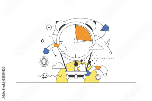 Time management web concept in flat outline design with character. Man keeps track of time to complete tasks and marks dates, clock countdown, job productivity, people scene. Vector illustration.