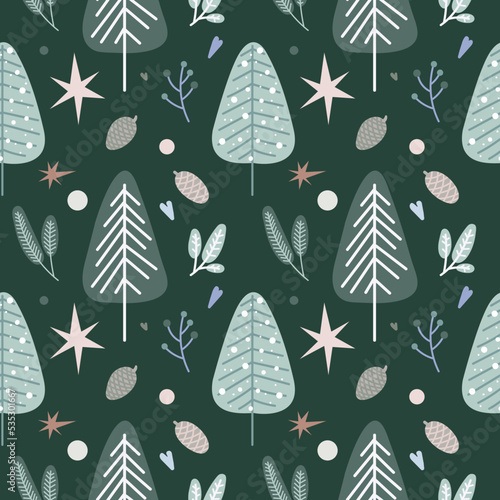 Vector seamless pattern with winter forest and mountains. Decorative illustration winter trees in flat style scandi minimalism. For design baby wallpaper, textile, fabric, wrapping paper, postcard.