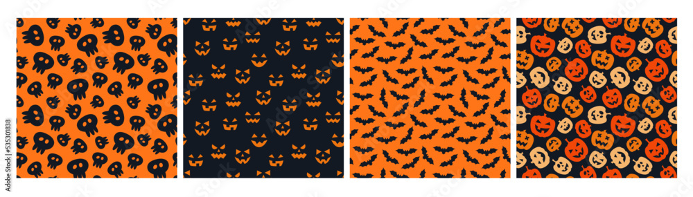 Set of 4 seamless patterns for wrapping paper, textile, cards, decoration, banners and other designs related to Halloween . Flat style vector illustration with pumpkins, bats and spooky faces