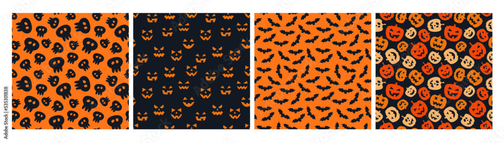 Set of 4 seamless patterns for wrapping paper, textile, cards, decoration, banners and other designs related to Halloween . Flat style vector illustration with pumpkins, bats and spooky faces Set of 4 seamless patterns for wrapping paper, textile, cards, decoration, banners and other designs related to Halloween . Flat style vector illustration with pumpkins, bats and spooky faces