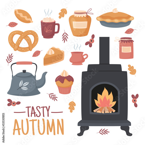 Set of vector illustrations of cozy autumn elements isolated on white background. Seasonal food