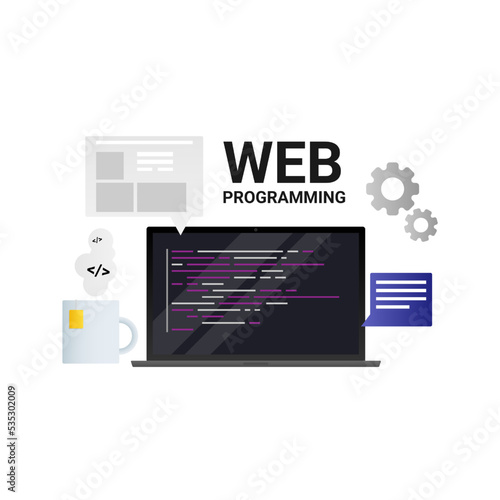 Web programming vector illustration. Website construction. Web development, coding. Front end. HTML, CSS, JavaScript technology.