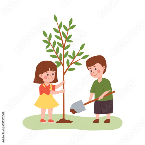 Child boy and girl planting tree together, flat vector illustration isolated on white background.