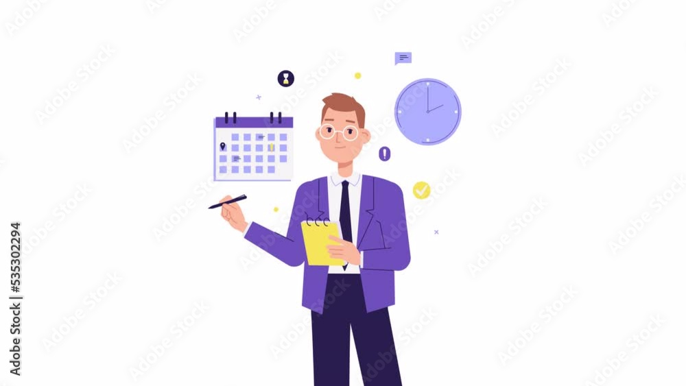 Businessman character animation. Calendar and clock, Schedule planning concept. Time management and self organization. work-life balance, working time. Animated stock video, cartoon style Businessman character animation. Calendar and clock, Schedule planning concept. Time management and self organization. work-life balance, working time. Animated stock video, cartoon style
