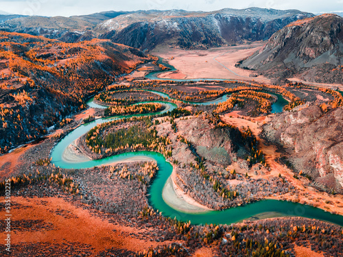 Chuya river in Altai mountains, Siberia, Russia. Aerial view. Autumn landscape.