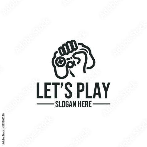 Hand holding gamepad logo isolated on white background