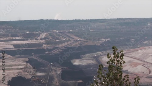 camera pan over brown coal mining with bucket-wheel excavators in Germany