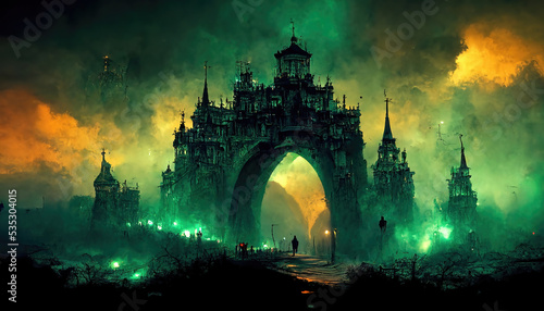 Print op canvas AI generated image of a post-apocalyptic gothic citadel with mysterious foggy at