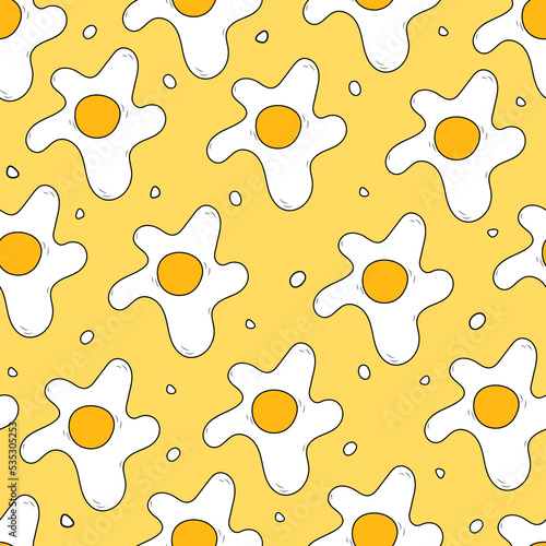 Food Vector Seamless Pattern with Cartoon Scrambled Eggs on a Yellow Background. Line Sketch, Doodle Style Print For Kitchen.