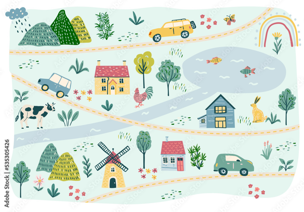 Little village vector cartoon map with cars, roads, little houses, lake.  Travel nature children design Stock Vector | Adobe Stock