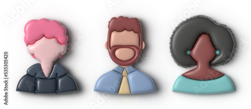 Set of vector 3d avatars. Men and women. Young and old stylish people. Element for design and illustrations. Bubble style. African American, informal, a man in a tie.