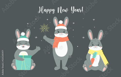 Vector set of black bunny in santa hat and scarf with carrot. Cartoon illustration of a symbol of chinese new year 2023. Rabbit with gift box and bengal fire for Merry Christmas greeting card for