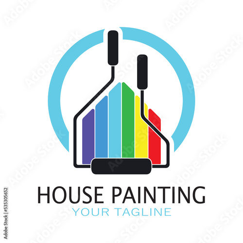 logo icon illustration house paint with a blend of brushes and rollers for house wall paint design, minimalist house, painting, interior, building, property business, wallpaper, vector concept