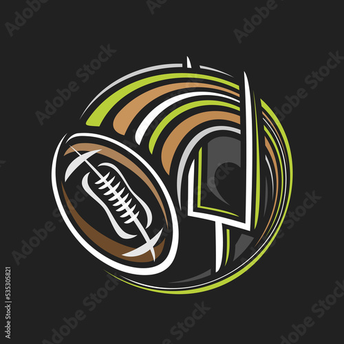 Vector logo for American Football, isolated trendy emblem with illustration of flying on curve brown ball with lacing, decorative line art sports badge for american football club on dark background photo