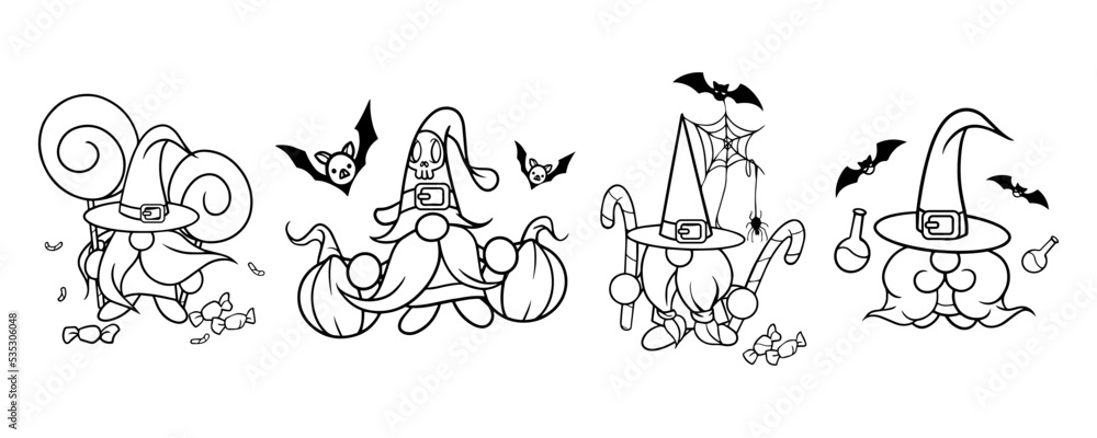 Halloween vector gnome in hat with candy, bat, spider web, beard and magic potion. Set vector. Holidays greeting card. Trick or treat. Isolated on white background. For flyers, invitations, cards. Halloween vector gnome in hat with candy, bat, spider web, beard and magic potion. Set vector. Holidays greeting card. Trick or treat. Isolated on white background. For flyers, invitations, cards.