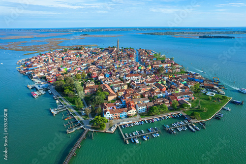 Aerial view of the island of Burano. Burano is one of the islands of Venice, famous for its colorful houses. Burano, Venice - October 2022