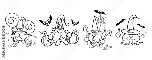 Halloween vector gnome in hat with candy, bat, spider web, beard and magic potion. Set vector. Holidays greeting card. Trick or treat. Isolated on white background. For flyers, invitations, cards.
