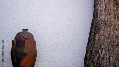 interior of the gilardi house of the famous architect luis barragan, central courtyard, with stone spheres and jacaranda tree photo