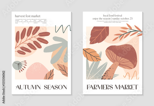 Autumn harvest festival posters with pumpkins,foliage and copy space for text.Trendy autumn covers for invitations,social media marketing,greetings,brochure.Harvest fest vector illustrations