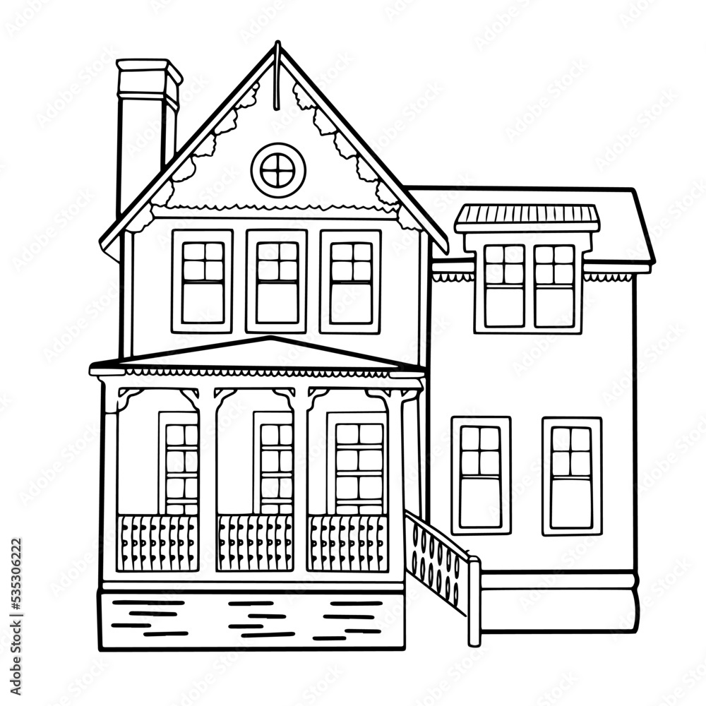 hand drawn two-storey house. Vector doodle style building for coloring page