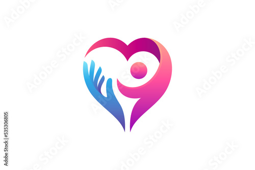 People hand care logo, heart logo with hand and people shape