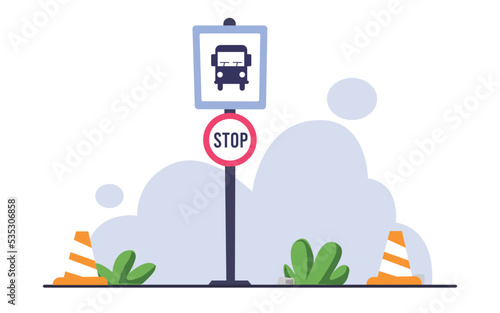 Bus stops symbol. vector flat illustration on road background.