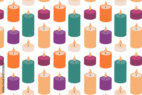 Colorful candle seamless pattern.  Cozy winter background. 