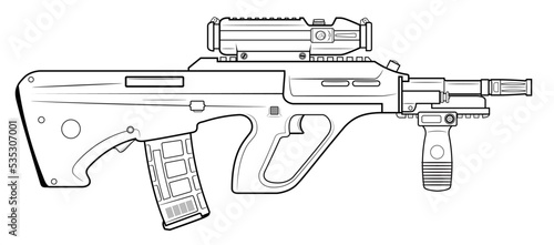Vector illustration od the Steyr AUG bullpup automatic rifle with short barrel and telescopic sight.