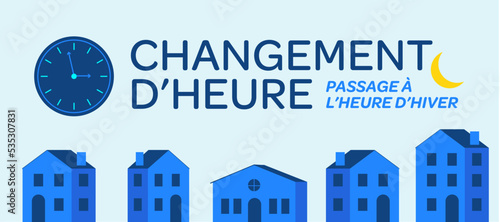  Changement d'heure, passage à l'heure d'hiver le 30 octobre. Bannière avec illustration d'une ville vectorielle.