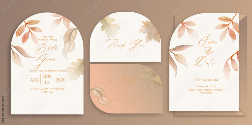 Luxury arch wedding invitation card background with orange watercolor ...