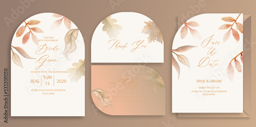 Luxury arch wedding invitation card background with orange watercolor botanical leaves. Abstract floral art background vector design for wedding and vip cover template.