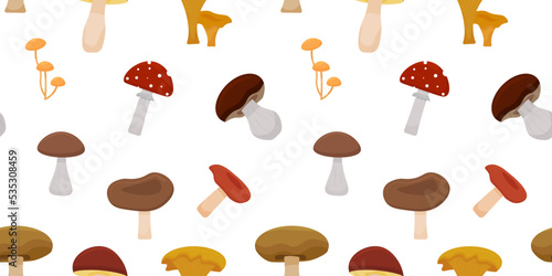 Seamless cartoon mushroom pattern. Poisonous and edible mushrooms. Different wild mushrooms. Vector illustration.