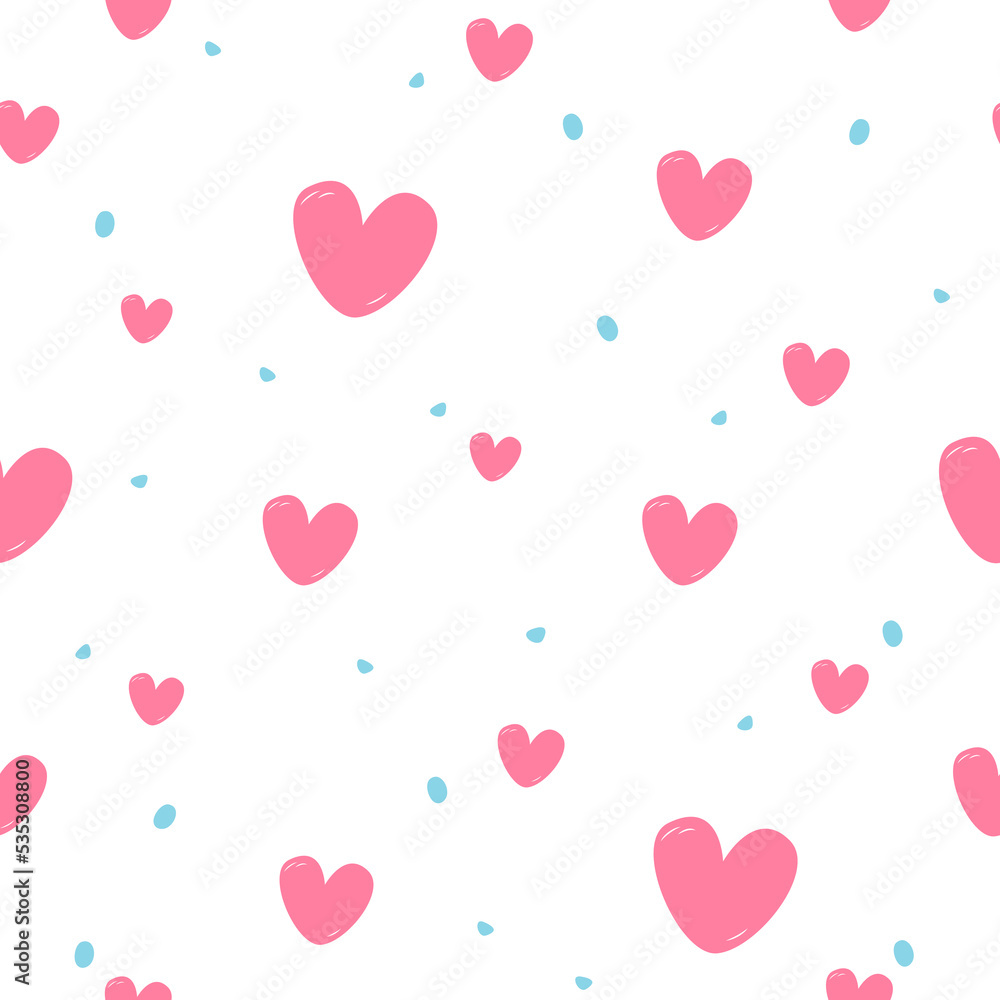 Vector Romantic Seamless Pattern with cartoon Pink Hearts and Blue Spots. Print for textile, nursery, wrapping paper, wallpaper Vector Romantic Seamless Pattern with cartoon Pink Hearts and Blue Spots. Print for textile, nursery, wrapping paper, wallpaper