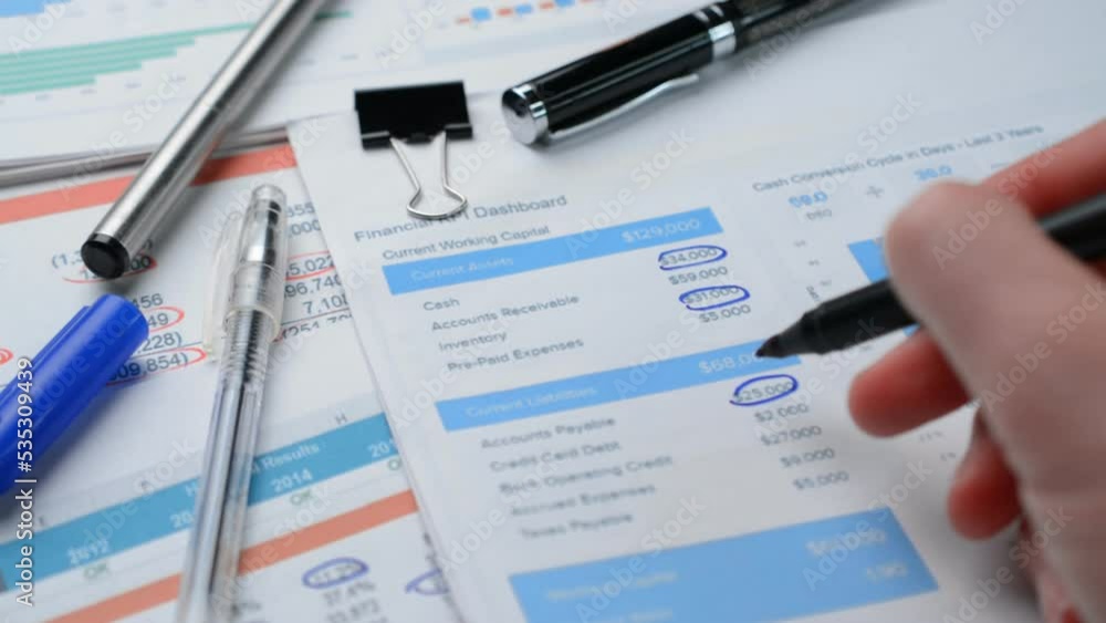 Close-up shot of a chartered accountant checking company balance sheet