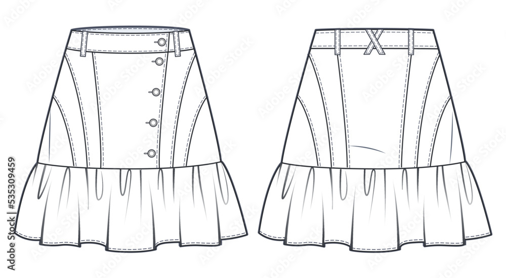 Ruffled mini Skirt technical fashion illustration. Women's denim Skirt