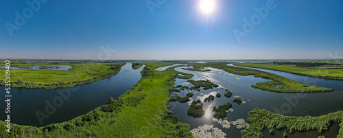 Panorama 360 in Ukraine, the nature around the reeds, the river and the bays photo