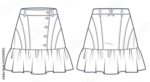 Ruffled mini Skirt technical fashion illustration. Women's denim Skirt fashion flat drawing template, ruffled, mini lengths, button up, front and back view, white, CAD mockup.