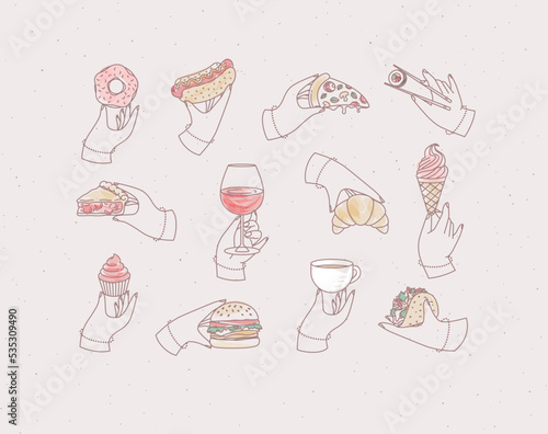 Set of renaissance hands holding donut, hot dog, pizza, sushi, pie, glass of wine, croissant, ice cream, cupcake, burger, coffee, taco drawing with color on light pink background