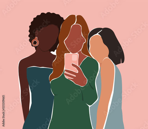 Friends take selfies, hug. Abstract portrait of girls. Contemporary poster with a group of women. Vector graphics.