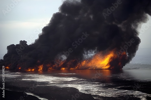 A huge oil spill in the ocean, burning with thick black smoke. © ECrafts
